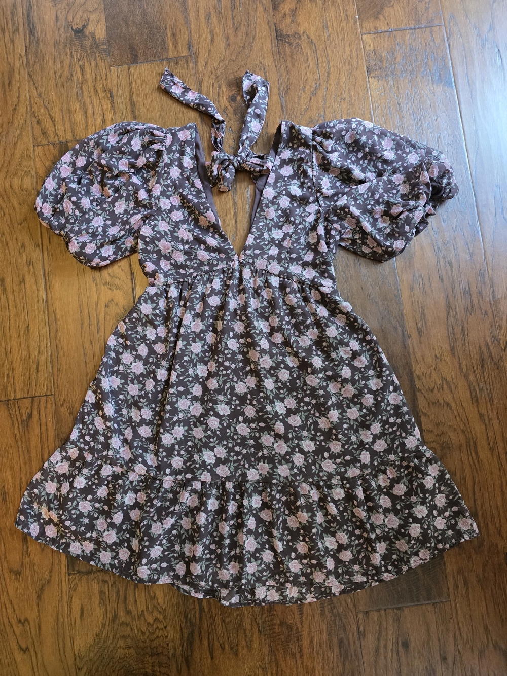 BaeVely Dark Purple Pink Floral Puff Sleeve Babydoll Mini Dress